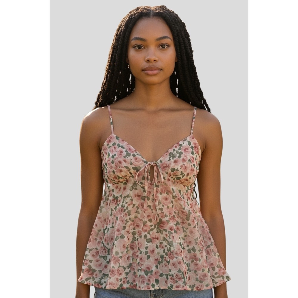 Morgan Taylor Pink Floral Rose Chiffon Tie Front Camisole Top Womens Size P